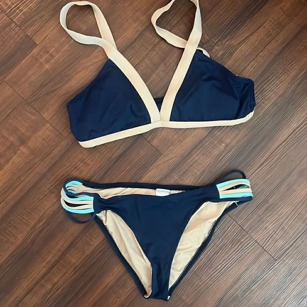 NWOT - L Space Blue & Tan Bikini - Two Piece - Medium Bottom, Large Top - NEW
